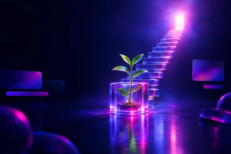 Plant sprouting from a glass cube in front of rising glass steps