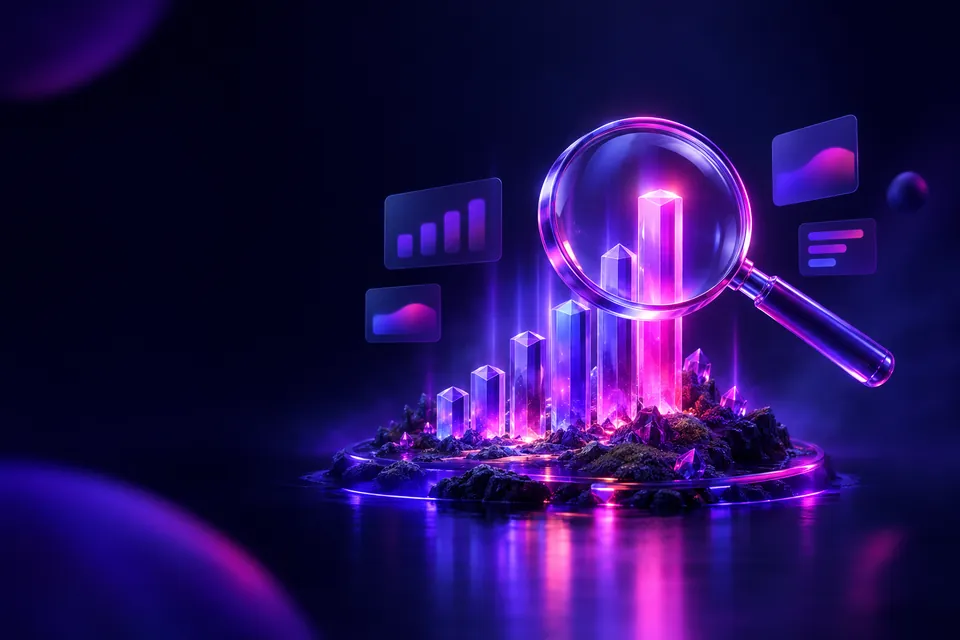 Glass magnifying glass over glowing crystal pillars