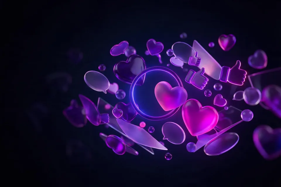 3D hearts and comment bubbles orbiting a glowing ring