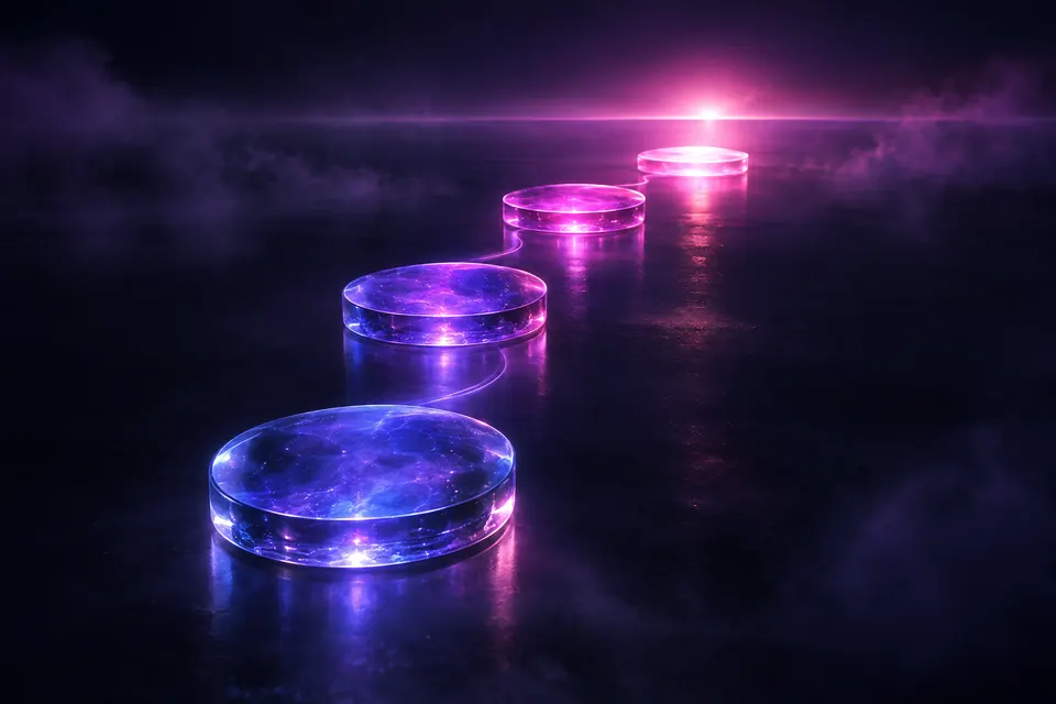 Path of four glowing glass stepping stones curving through a dark void from violet to magenta