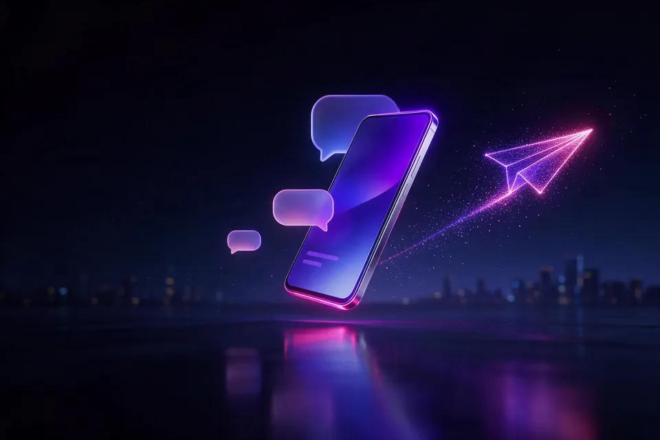 Floating phone sending a paper plane of light across a dark horizon