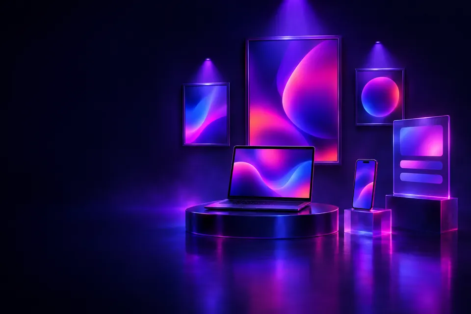 Dark gallery of floating frames and devices showing abstract artwork