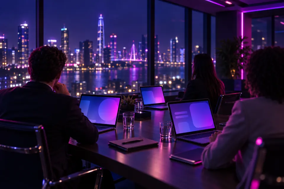 Modern office meeting table at night with laptops and professionals seen from behind under purple light