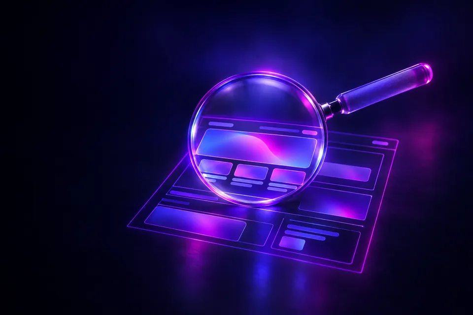 Magnifying glass over a glowing website wireframe