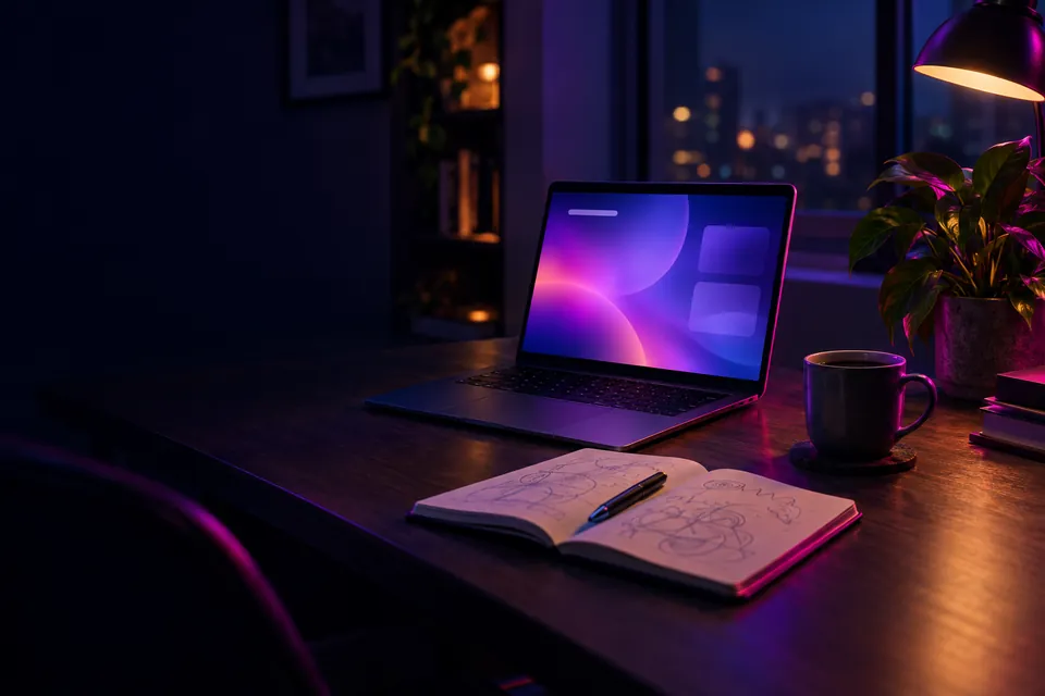 Editorial desk with laptop, notebook and coffee under magenta rim light