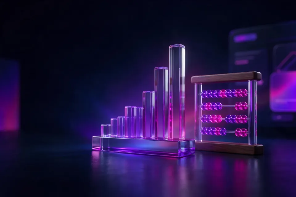 Glass growth-bar sculpture beside an abacus with glowing beads