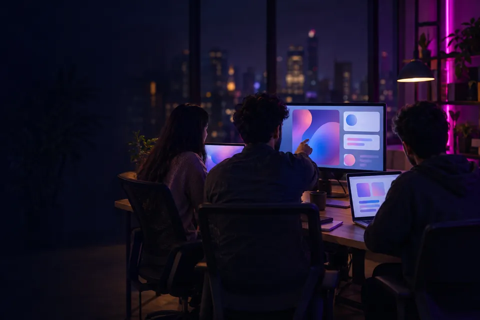 Creative team working together at laptops, seen from behind