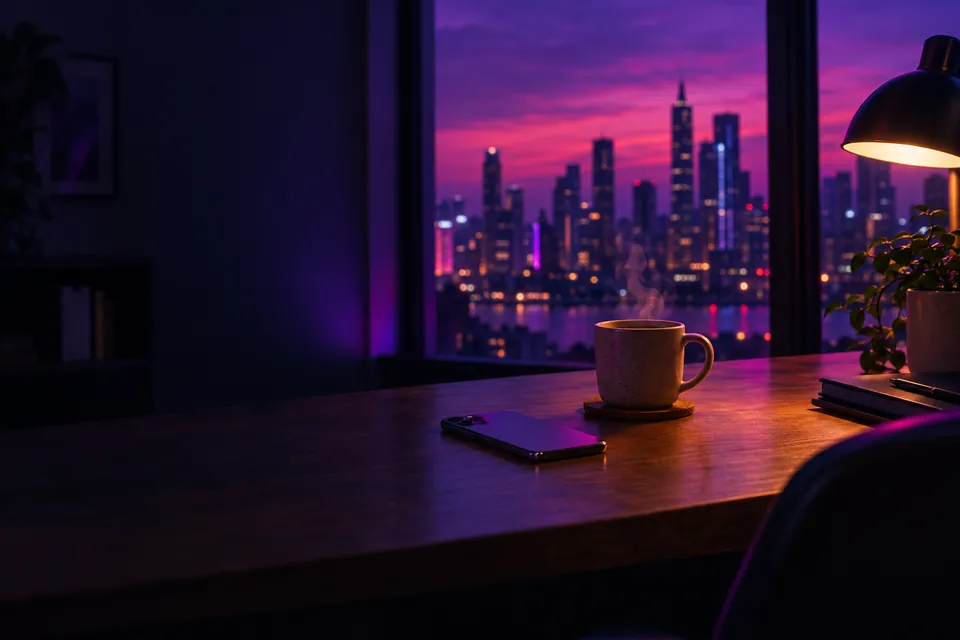 Phone and coffee on a desk by a window with a city at dusk