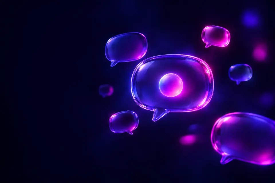 Floating glass speech bubbles glowing purple and magenta