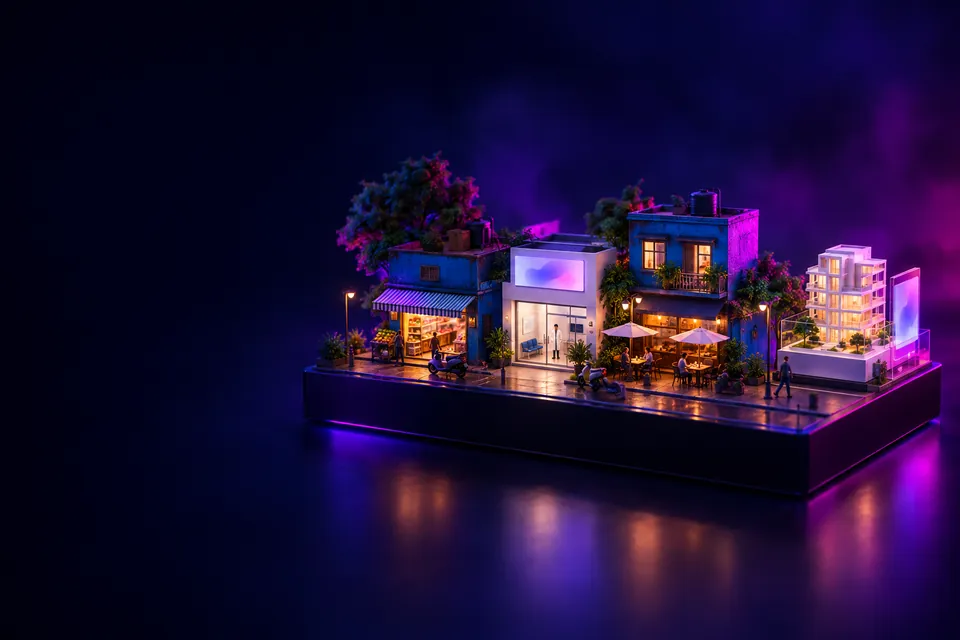 Miniature diorama of Indian storefronts, a clinic, a cafe and a building model