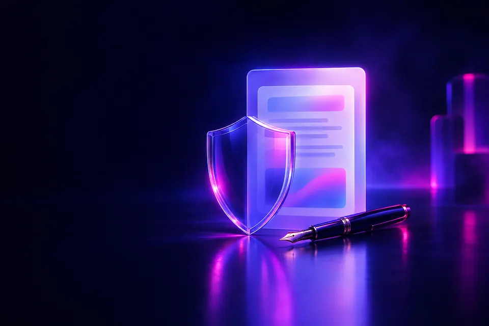 Glass shield in front of a blank document and pen