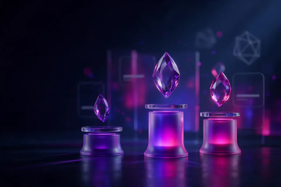 Three glass podiums of different heights glowing purple