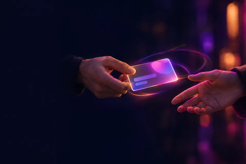 Two hands passing a glowing glass card