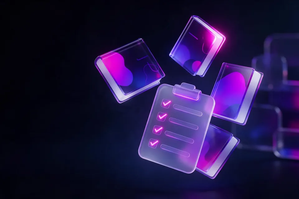 Floating 3D guidebooks and a glowing checklist card