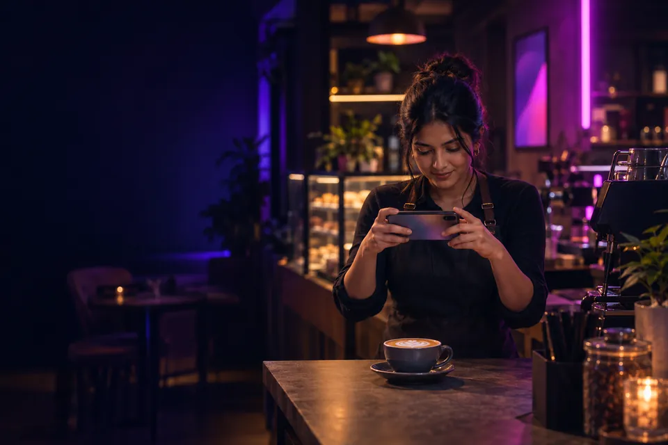 Cafe owner photographing a latte with her phone