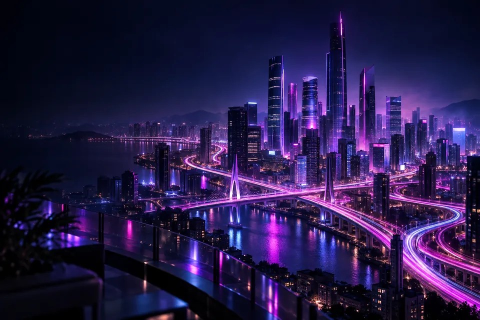 City at night with long-exposure light trails in purple and magenta
