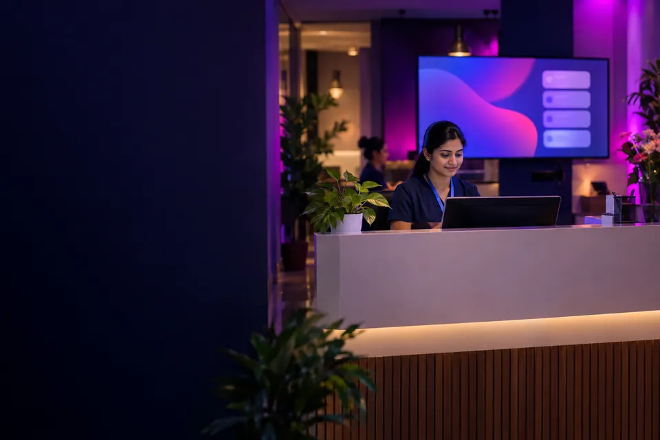 Modern clinic reception area with soft purple lighting