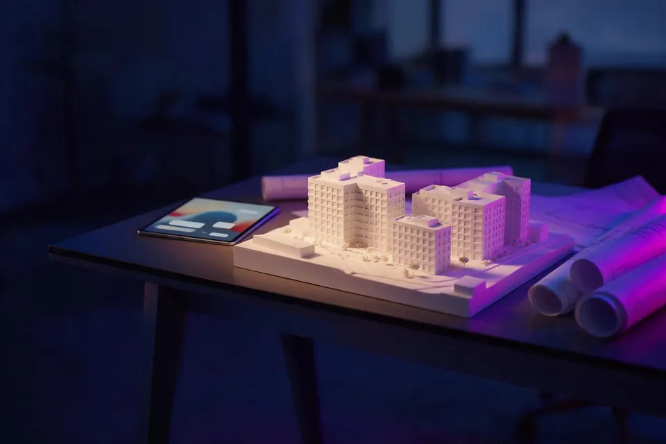 Architectural model and blueprints on a real-estate office desk