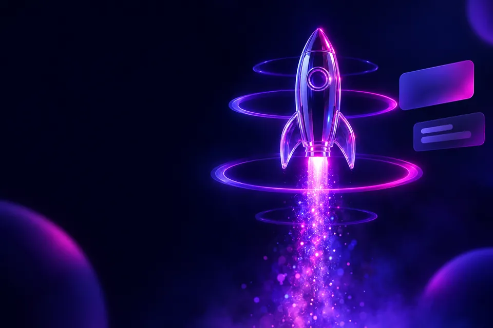 Glass rocket rising through rings of purple light