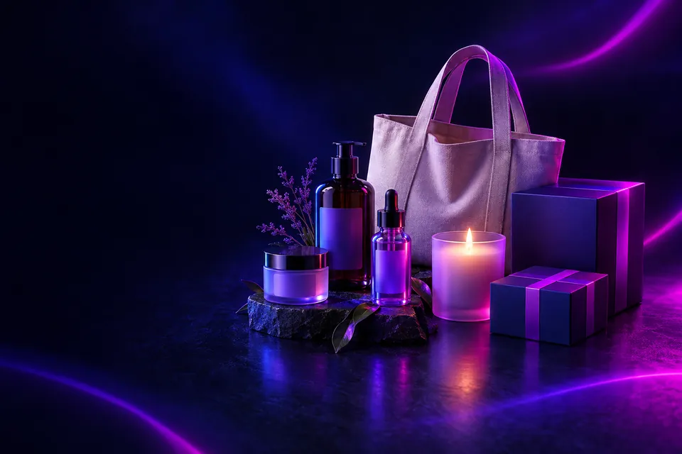 Flatlay of direct-to-consumer products on a dark surface