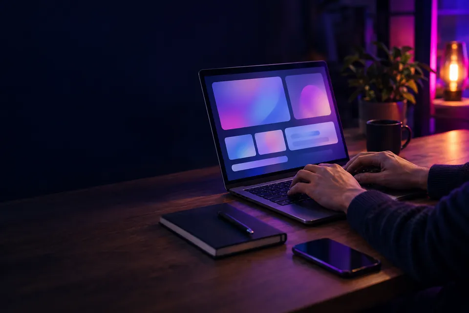 Hands typing on a laptop at a desk