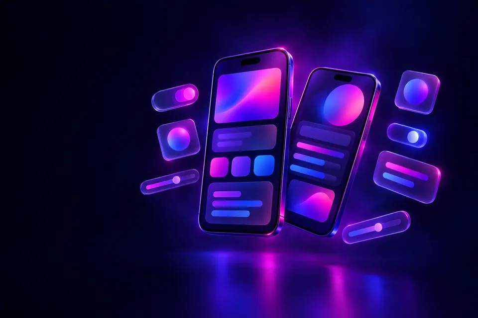 Two floating smartphones with abstract app screens and 3D interface pieces