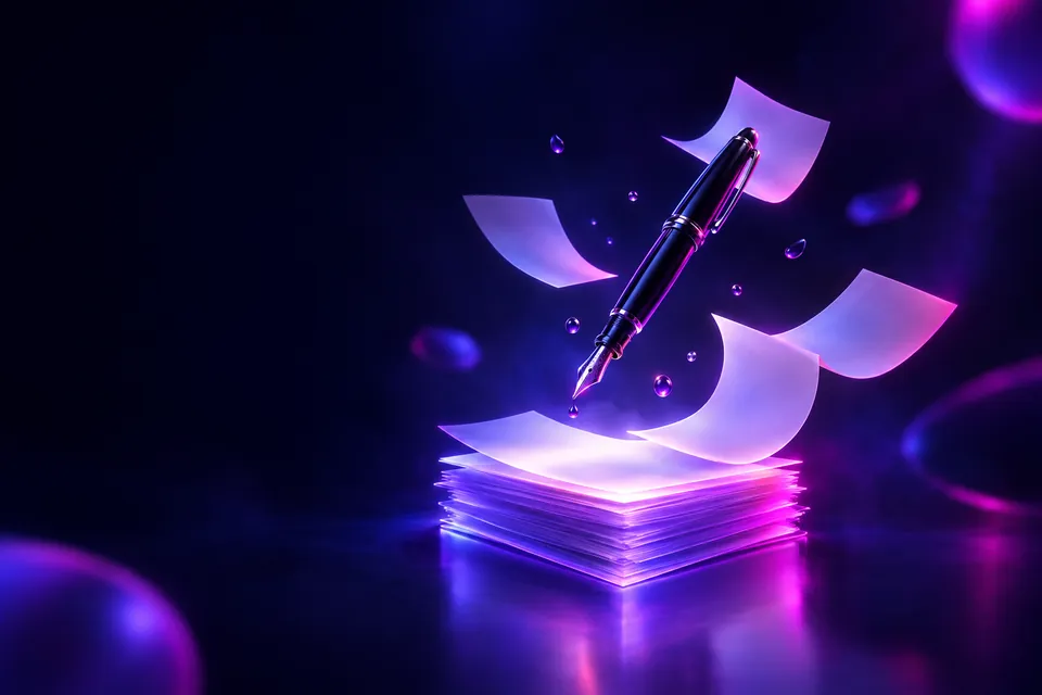Fountain pen above a stack of glowing blank pages