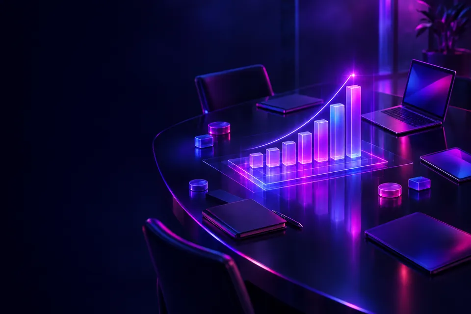 Strategy table with a holographic rising growth chart