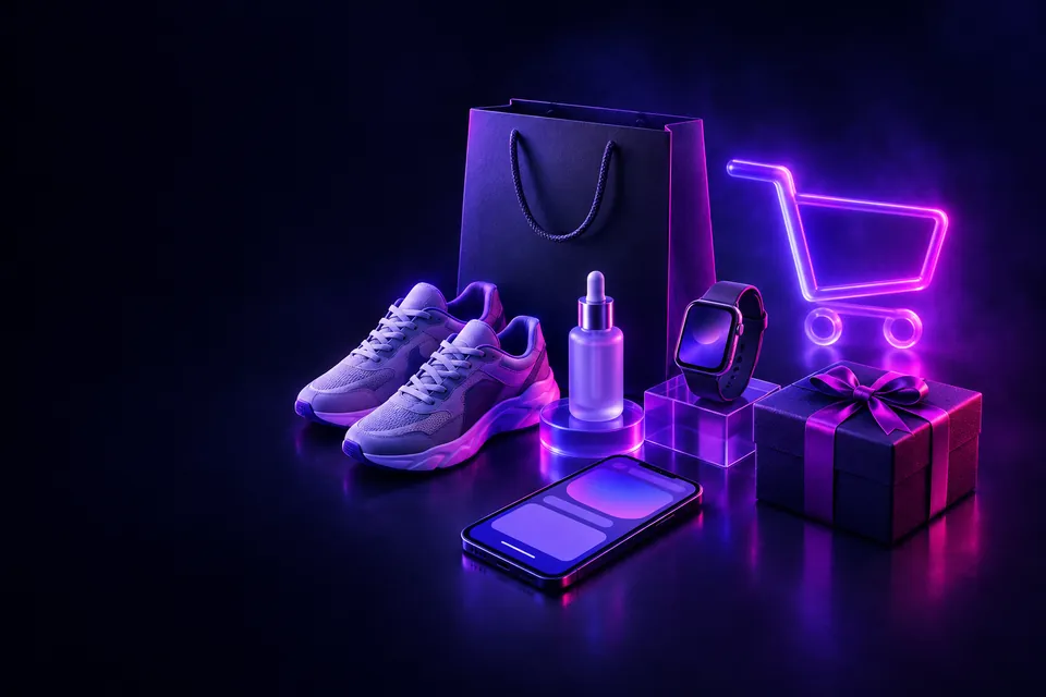 Product flatlay with shopping bag and gifts beside a glowing cart outline