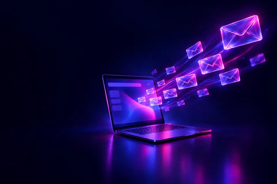 Glowing envelopes flying out of a laptop screen