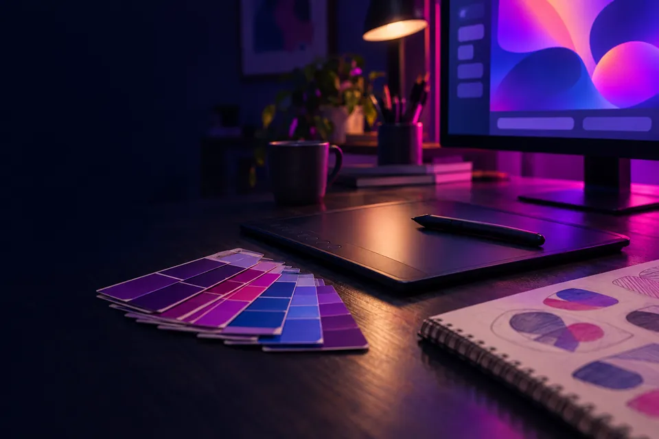 Designer's desk with a stylus, tablet and fanned colour swatches at night