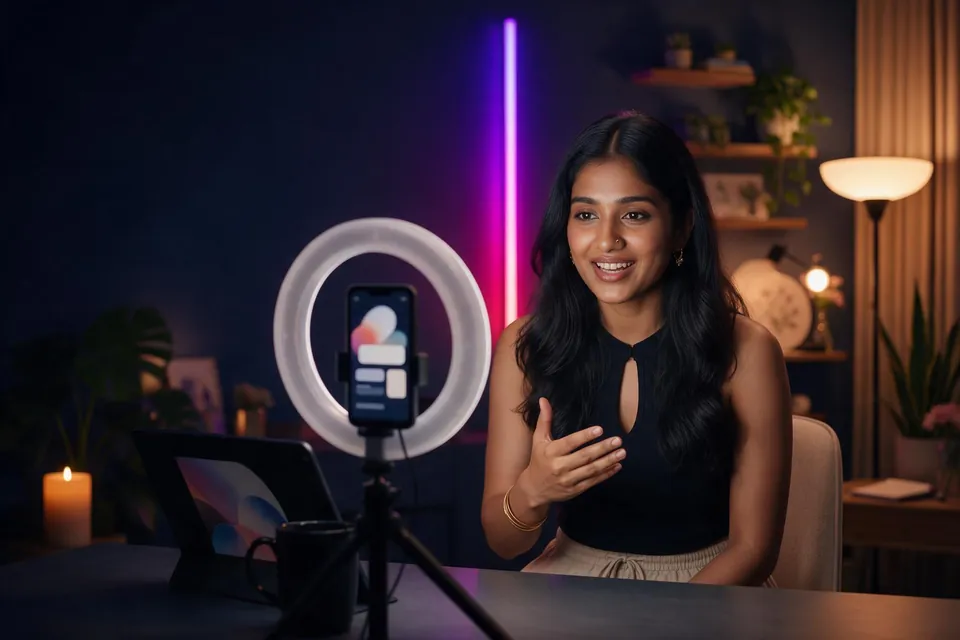 Indian content creator filming herself with a smartphone and ring light
