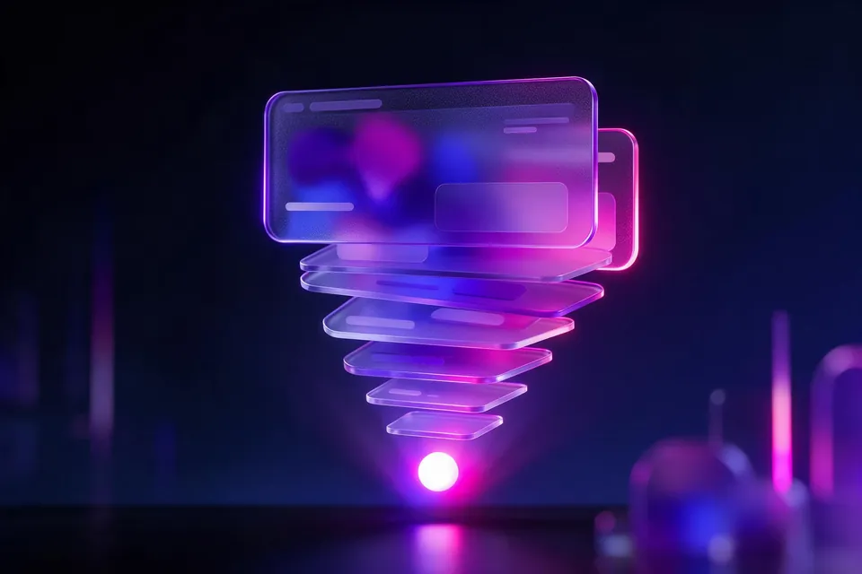 Stack of glass page layers tapering into a funnel shape