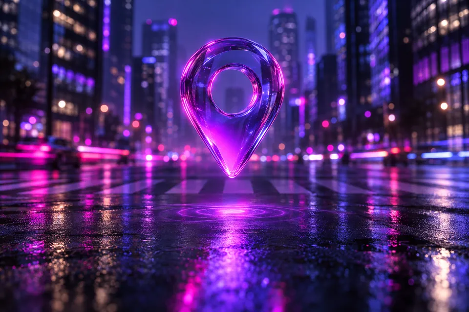 Glowing glass map pin floating above a wet city crosswalk at dusk, with blurred modern towers and purple and magenta lights