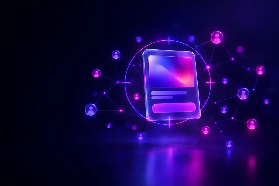 Glass ad card under a target reticle surrounded by a network of audience dots