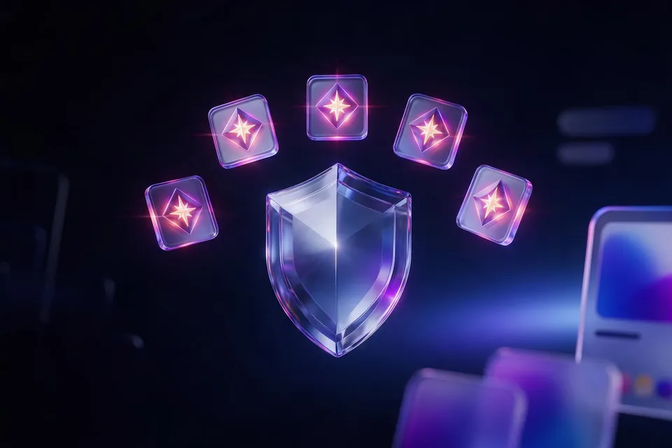 Glass shield surrounded by glowing star tiles