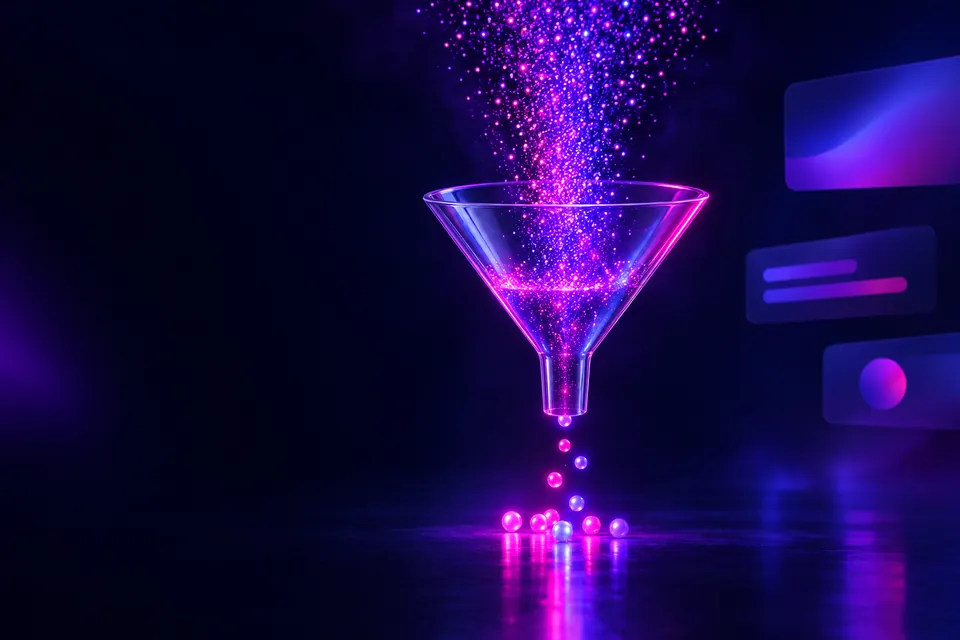 Glass funnel turning streams of light particles into a few glowing spheres