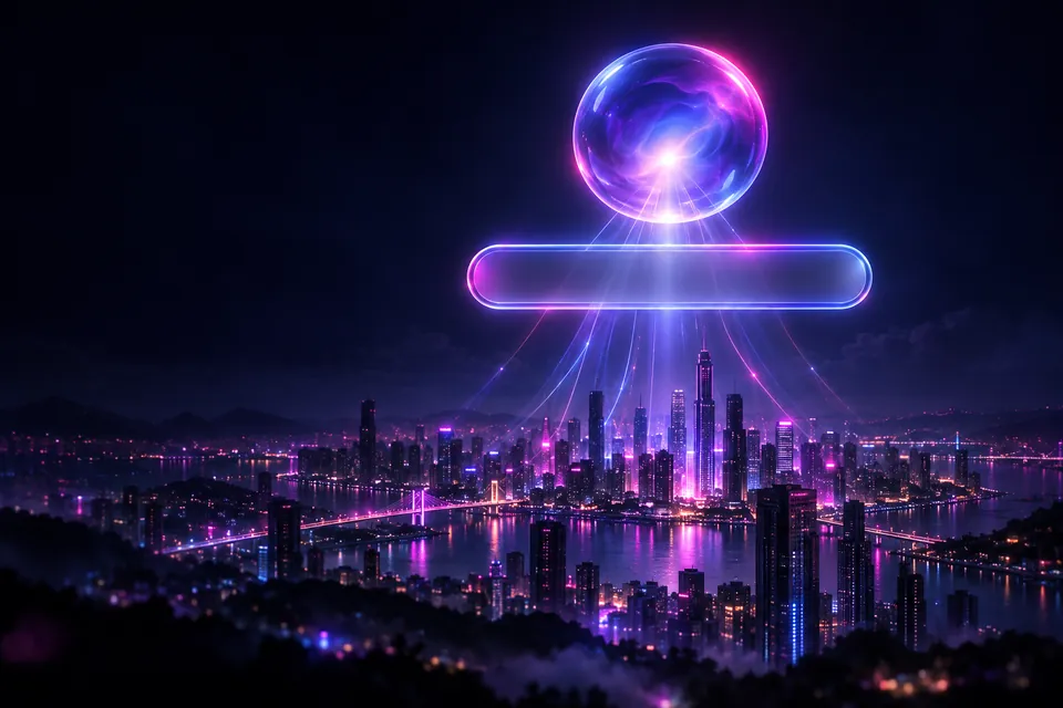 Glowing glass search bar and AI orb floating above a night city skyline