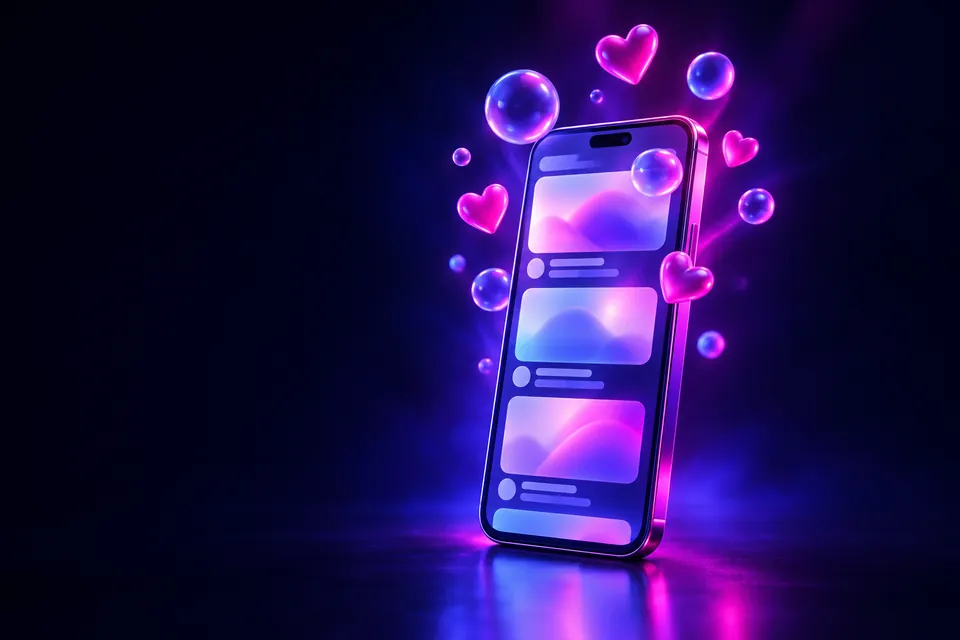Smartphone with a glowing social feed and 3D hearts floating out of the screen