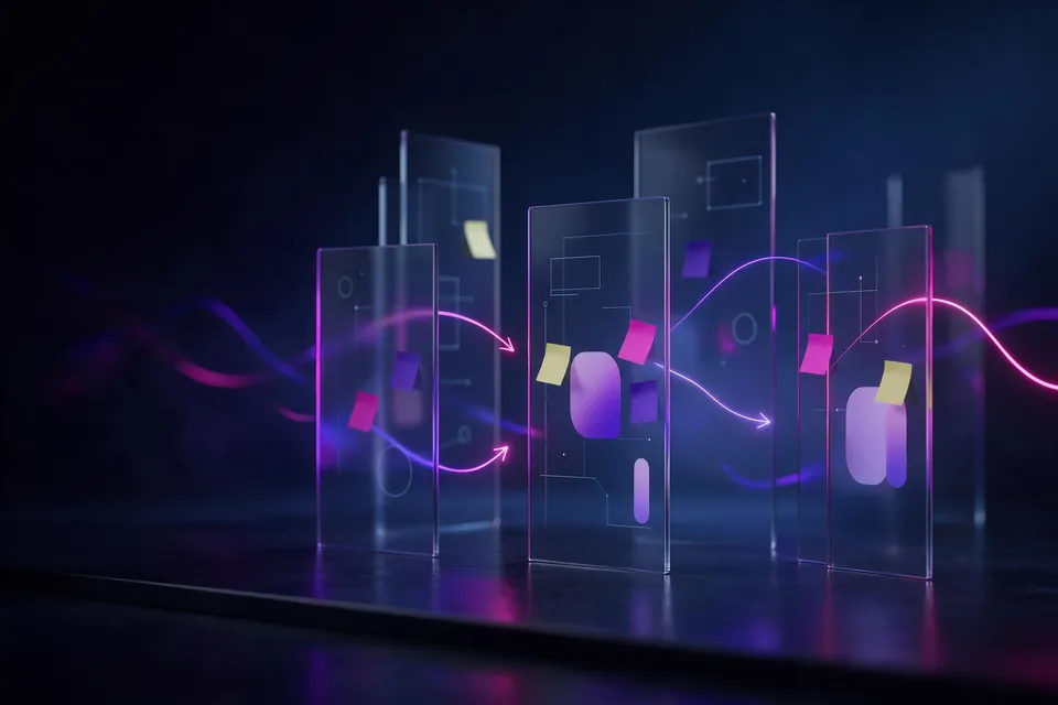 Glass panels with wireframes and blank sticky notes in a dark studio