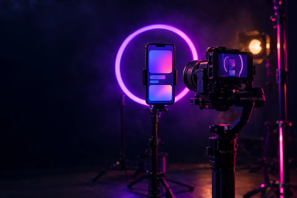 Cinema camera rig and ring light set up for vertical reel production in a dark studio