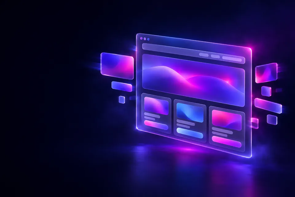 Floating glass browser window with website blocks assembling into a layout