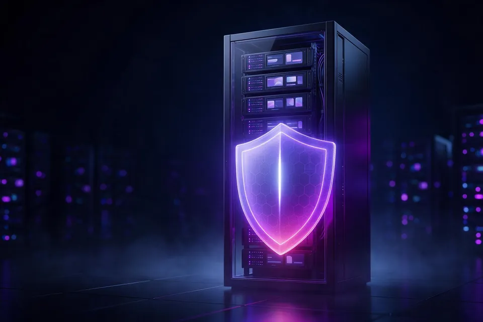 Server rack with purple lights and a glowing protective shield hologram
