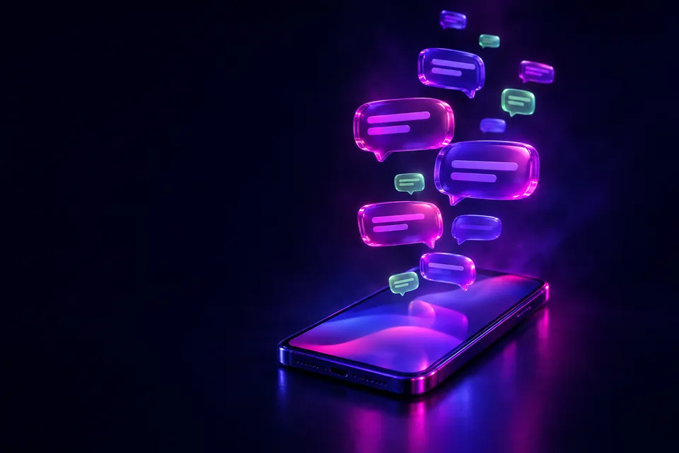 Glossy chat bubbles floating up from a smartphone