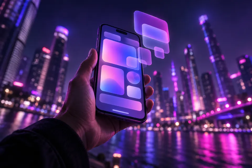 Hand holding a smartphone with abstract app blocks floating out of the screen over a blurred city skyline at night