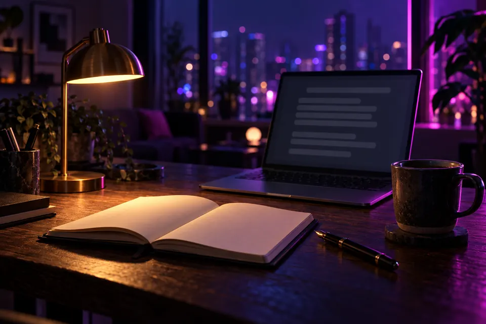 Writer's desk at night with an open blank notebook, fountain pen, coffee cup and a laptop, lit by a brass lamp and purple city light