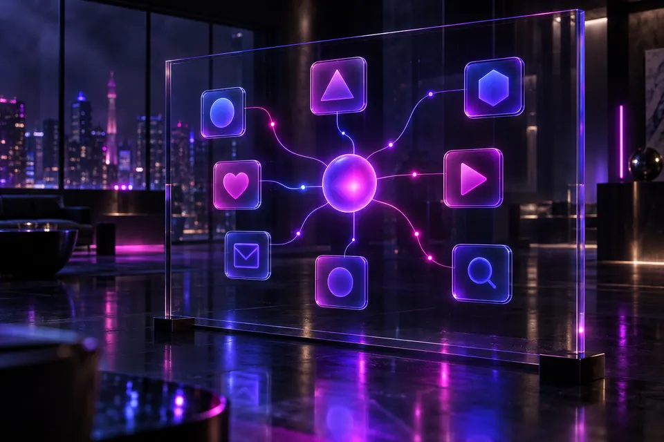 Glass strategy board with glowing channel icons linked by neon lines to a central orb