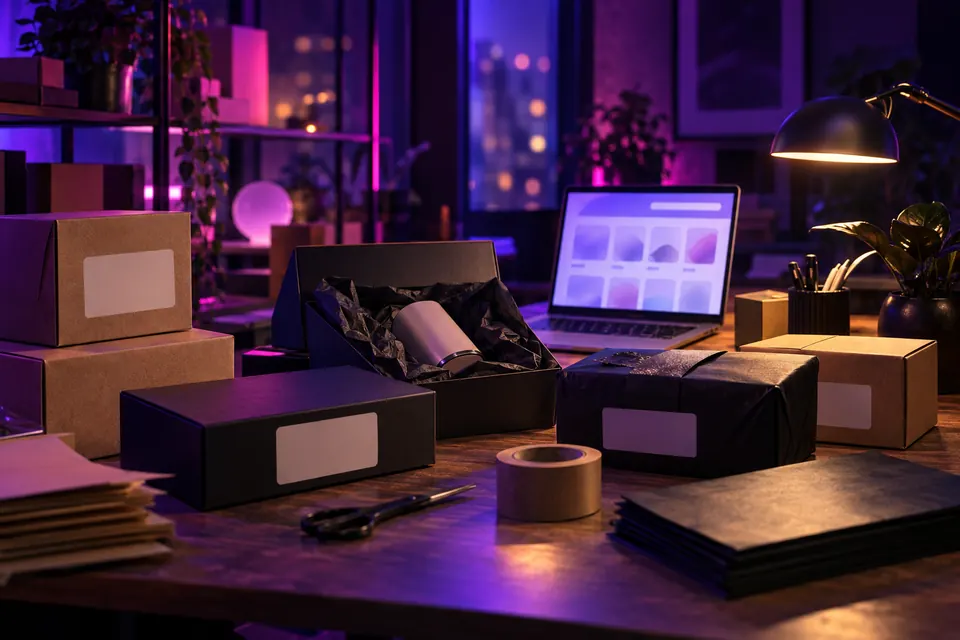 Dispatch table with packed parcels and a laptop showing an abstract product grid, lit in purple and magenta