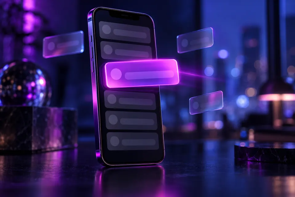 Smartphone inbox of abstract message cards with one glowing purple card lifting out of the screen