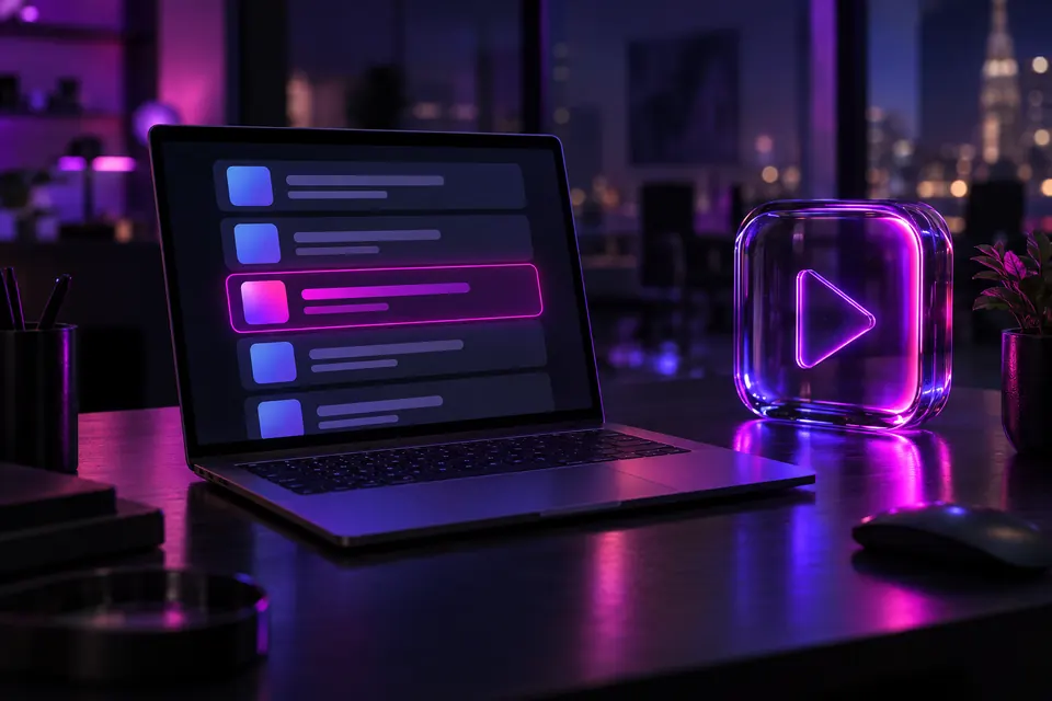 Laptop showing abstract search result tiles beside a glowing glass play-button sculpture on a dark desk